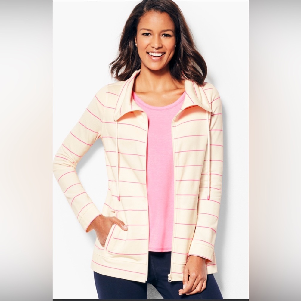 Like new! Talbots 3X Cotton Pique Jacket, cream with pink stripes.